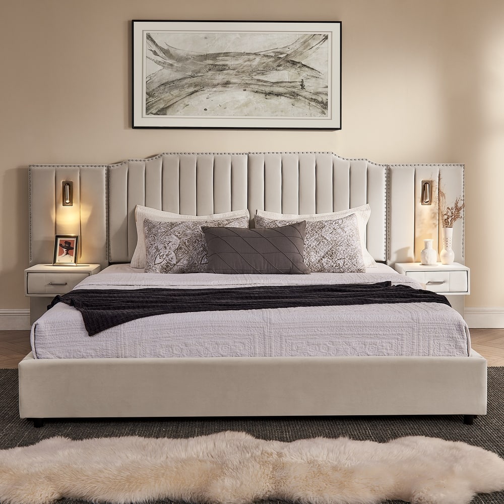 King Upholstered Wingback Platform Bed Frame with Vertical Stripe Enlarged Headboard, Adjustable Lamps & Integrated Nightstand