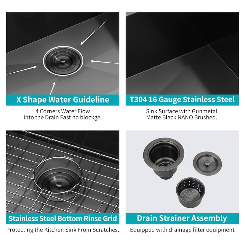 Single Bowl Undermount Gunmetal Kitchen Sink 18 Gauge w/ 9" Deep Basin