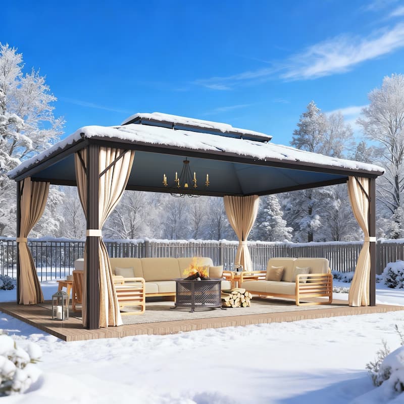 Outdoor Hardtop Gazebo for patio,Polyester Double Roof Canopy, Permanent Pavilion with Aluminum Frame,Curtains & Netting