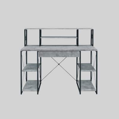 Contemporary Writing Desk with Fixed Shelves, Drawer, and Industrial Metal Base