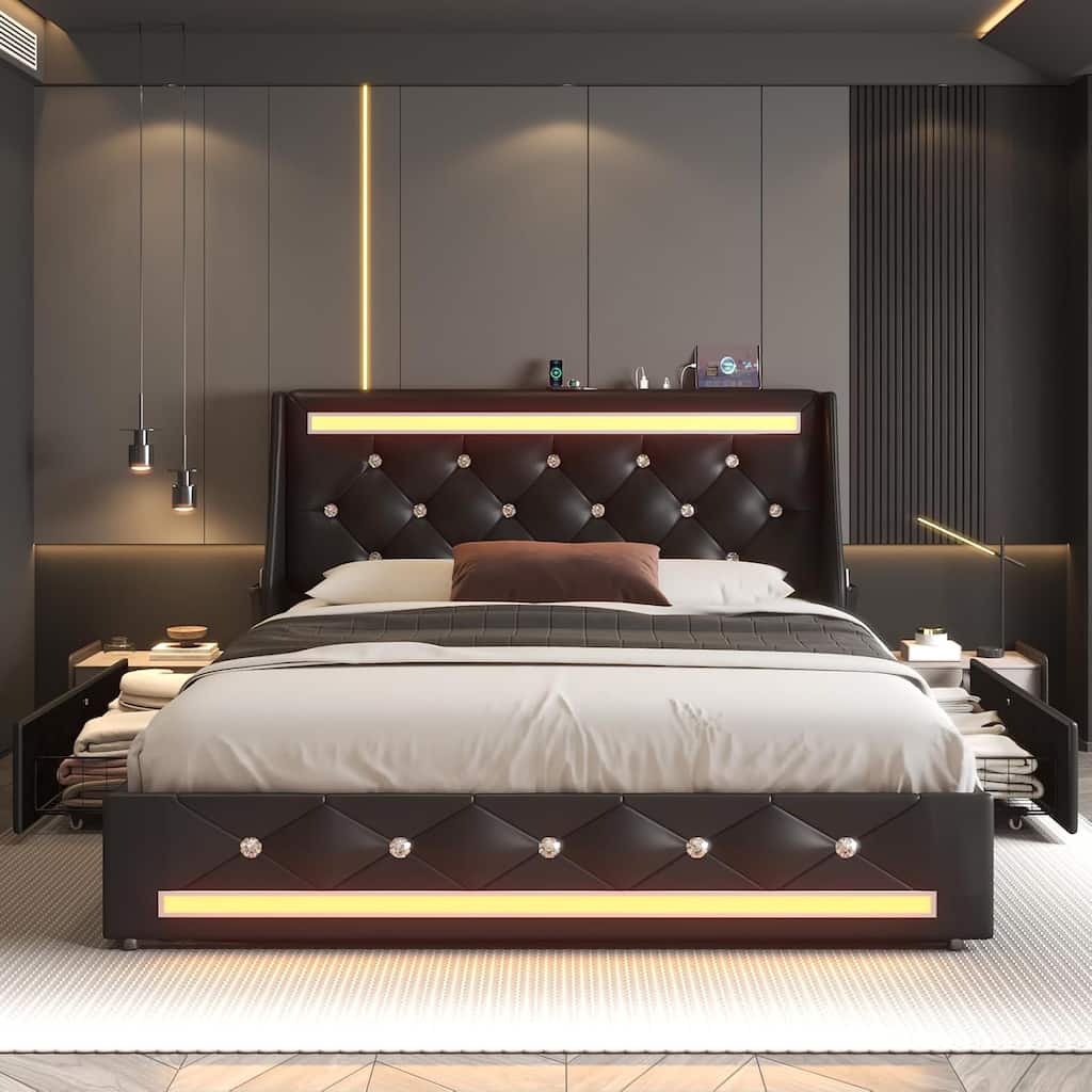 Queen Bed Frame with LED Lights, Upholstered Bed Frame with Charging Station, Platform Bed with Diamond Headboard, Wooden Slats