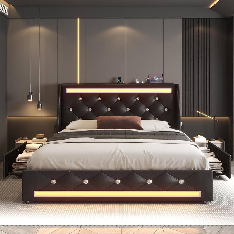 Upholstered Platform Bed Frame with Diamond Tufted Headboard, LED Lights & Charging Station - Black - Full