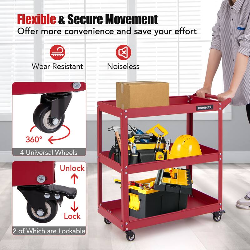 Gymax 3-Tier Rolling Tool Cart w/ 3 Spacious Shelves 4 Universal