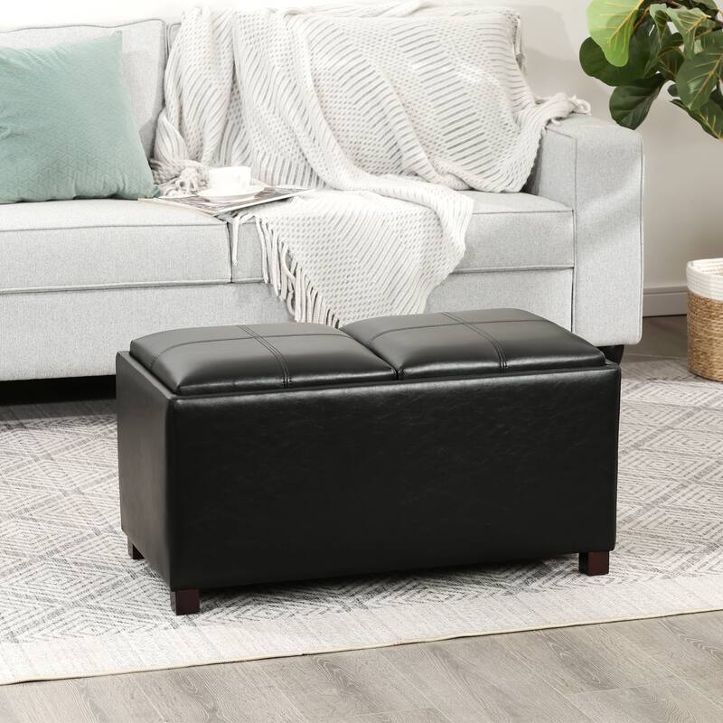 Adeco Rectangle Faux Leather Storage Ottoman with Dual Flip-Top Trays - 31.1"X15.4"X15.7