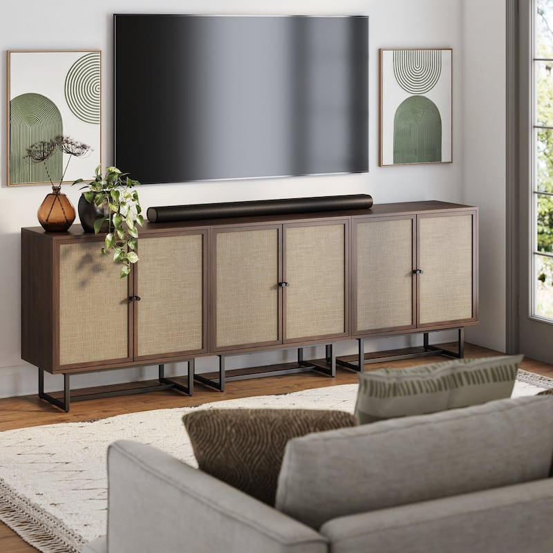 Nathan James Kova Natural Cane Rattan Doors Accent Cabinet with Metal Base and Adjustable Shelf - Walnut - Set of 3
