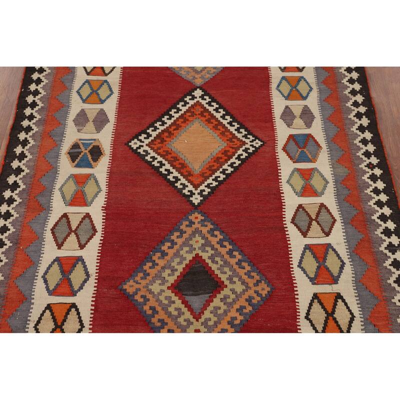 Kilim Qashqai Persian Vintage Rug Flatweave Tribal Red Wool Carpet - 4'5"x 8'1"
