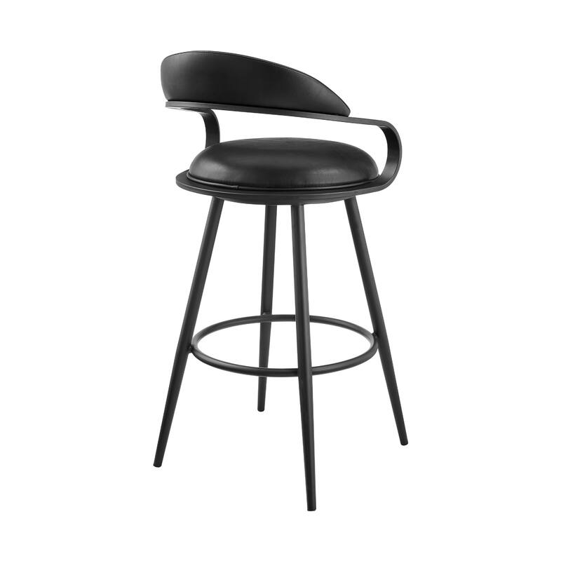 Gargy Swivel Barstool Chair, Floating Back, Iron, Black Faux Leather