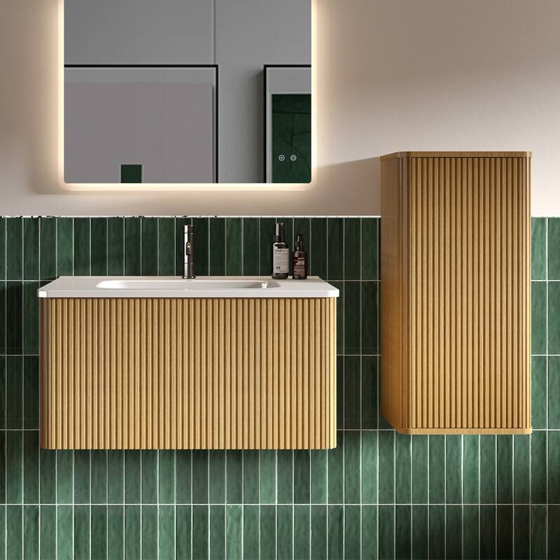 GDFStudio - Floating Wall-Mounted Side Cabinet with Curved Edges and Push-Open Door, Pre-Assembled Storage