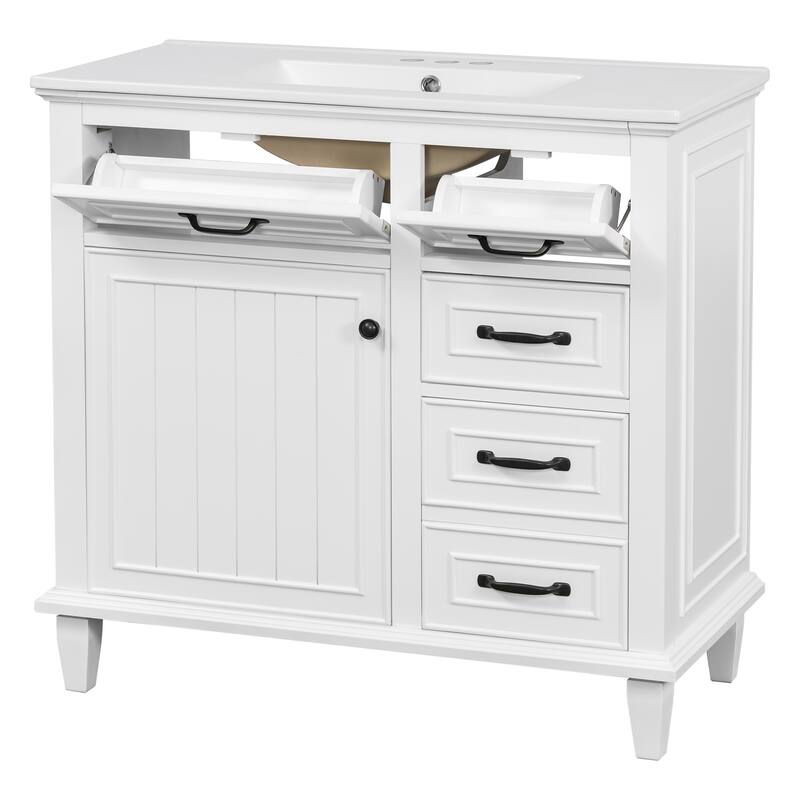 Roomfitters 36" Bathroom Vanity with Sink, Solid Wood Frame, 2 Flip Drawers & Soft-Close Cabinet with Door Rack