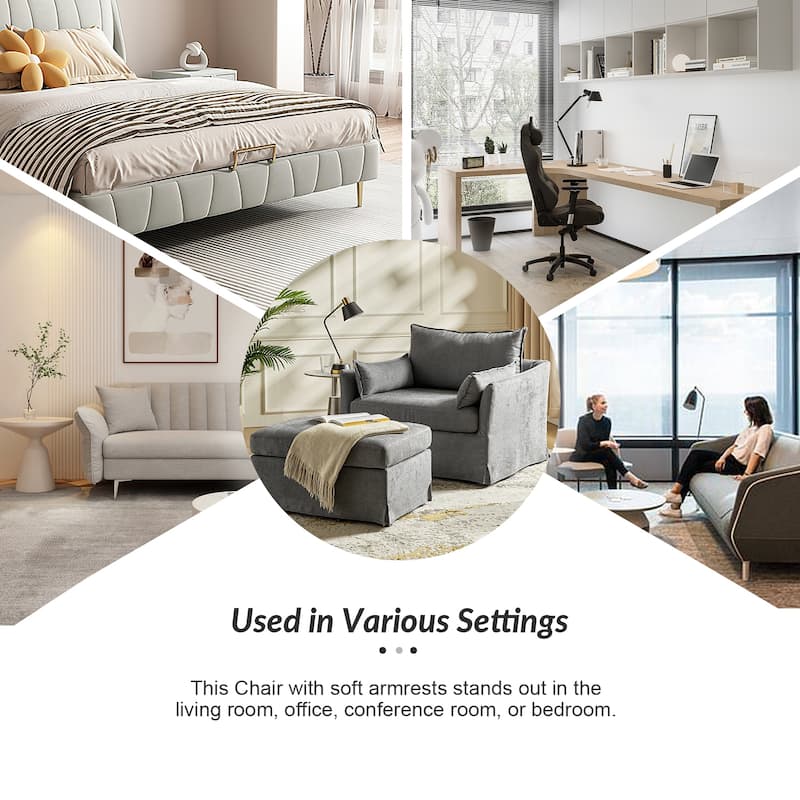 Sophie Modern Oversized Slipcovered Armchair and Ottoman with Lockable Rear Wheels by HULALA HOME