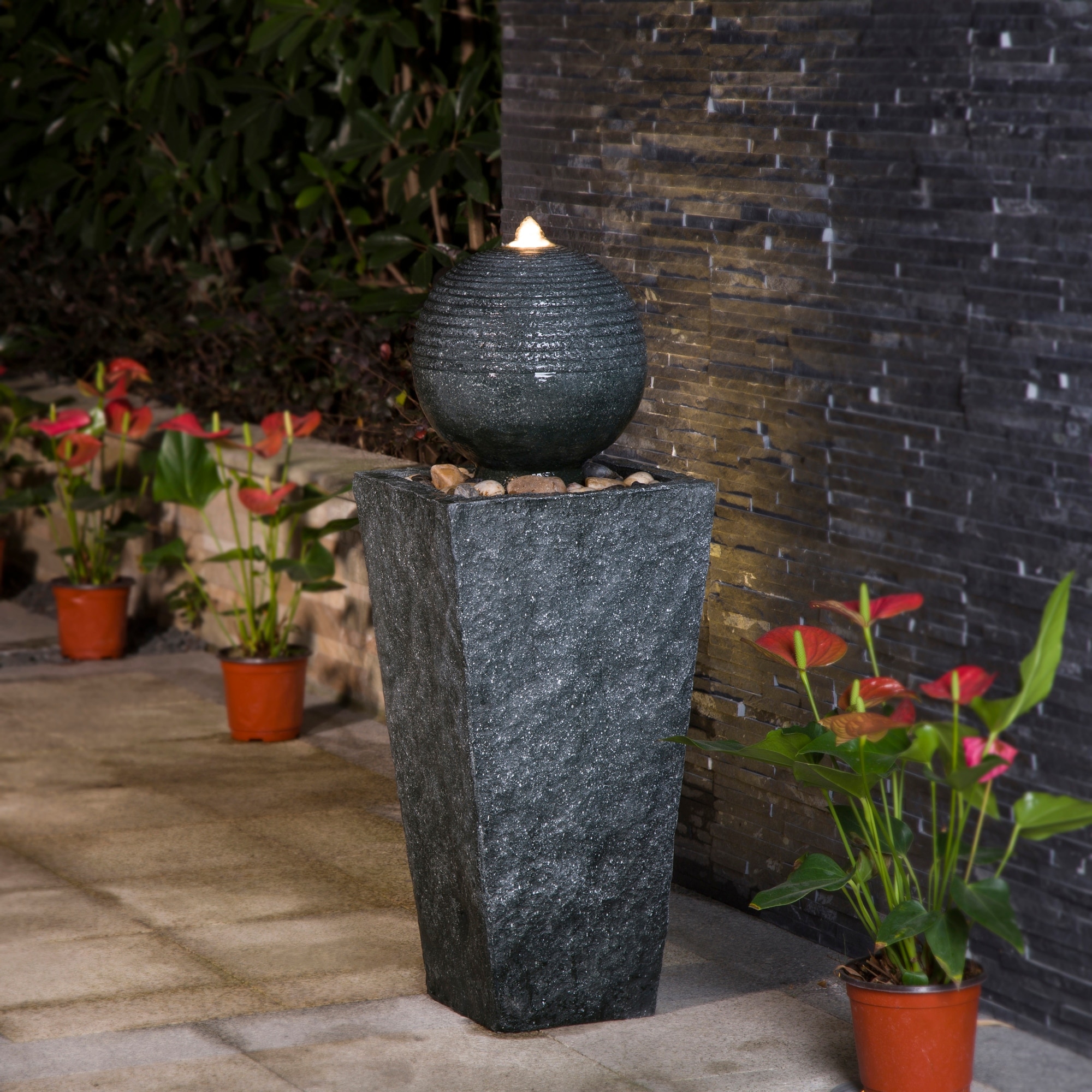 Glitzhome 31.75"H/36.5"H Polyresin Sphere Pedestal Outdoor Fountain With Pebbles Pump LED Light