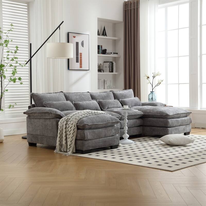 Sectional Sofa Cloud Couch for Living Room, Modern Chenille/Boucle U Shaped Couch, Comfy Modular Sofa Sleeper with Double Chaise