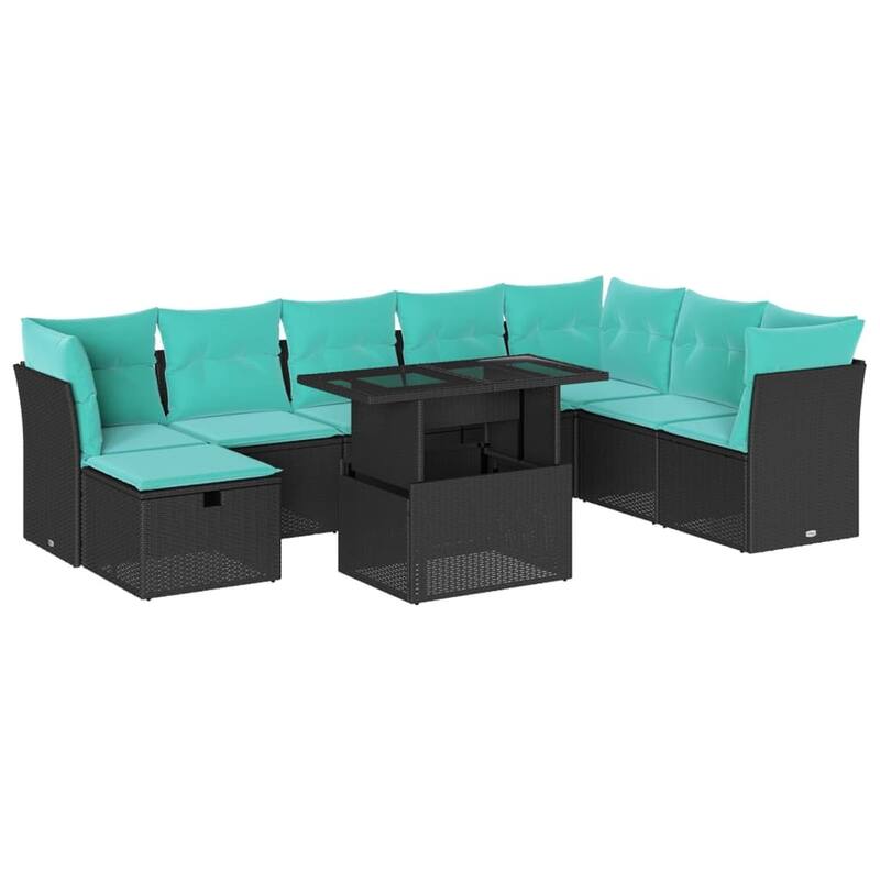vidaXL Patio Sofa Set with Cushions and Table Outdoor Garden 9 Piece Poly Rattan - 24.4" x 24.4" x 27.2"