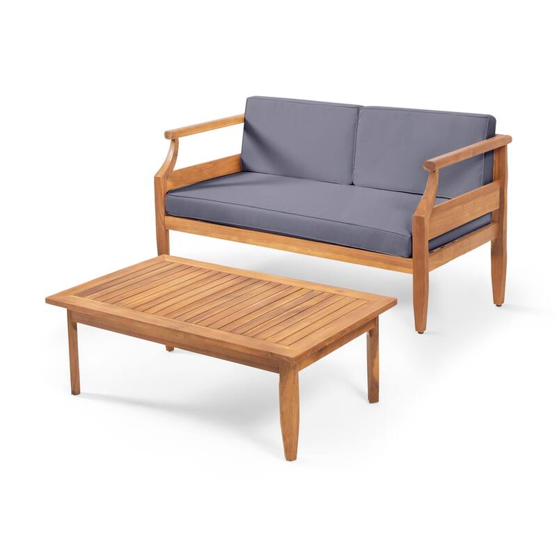 Roomfitters 2-Piece Outdoor Patio Set with Loveseat and Coffee Table, Acacia Wood Frame and Cushions, Dark Grey