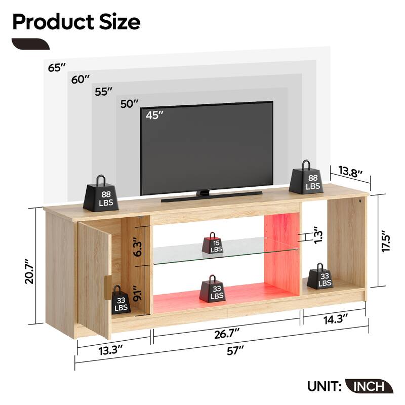 Bestier 57 in. TV Stand Fit TV Up to 65 in., LED Entertainment Center with Cabinet and Adjustable Shelf