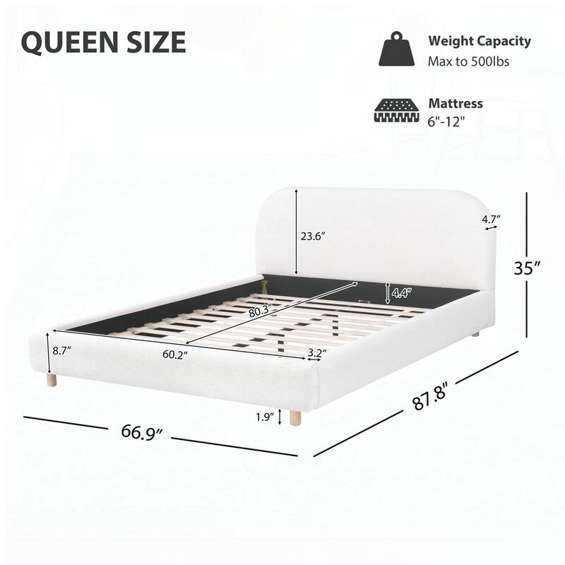 Boucle Fabric Upholstered Platform Bed with Curve-Shaped Design Headboard