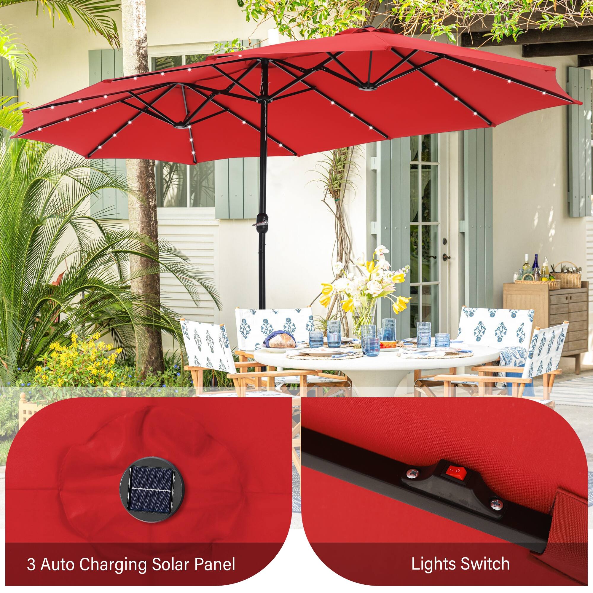 15foot Rectangular Crank Doublesided Outdoor Market Umbrella Solar
