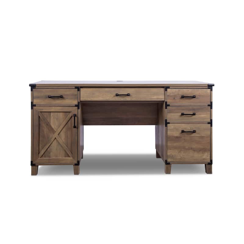 Oxford 59" Rustic Oak Wooden Farmhouse Executive Desk