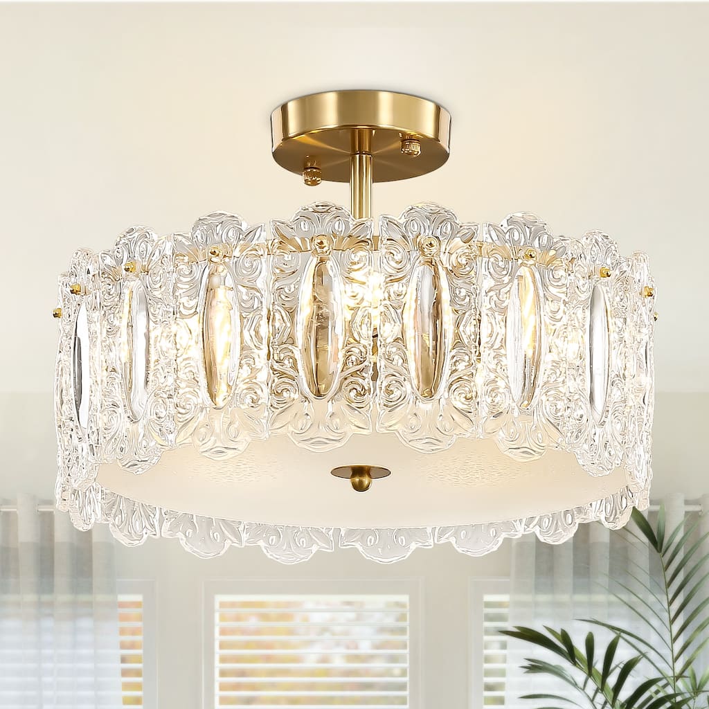 Brass Modern Crystal Semi Flush Mount Ceiling Light for Living Room, Bulbs Included