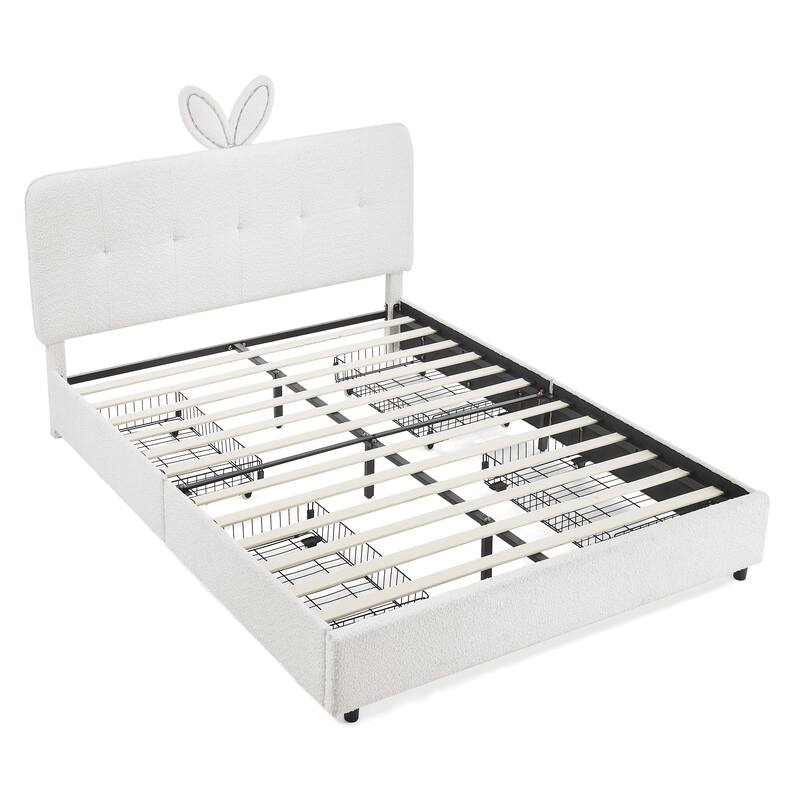 Queen Size Boucle Upholstered Bed with Rabbit Ear Headboard, LED Music Sync & 4 Drawers