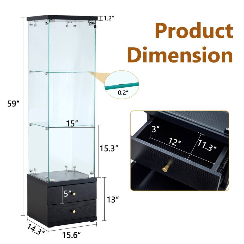 Classic Glass Display Case: 0.2" Tempered Panels with Soft-Close Drawers & Customizable Shelving.