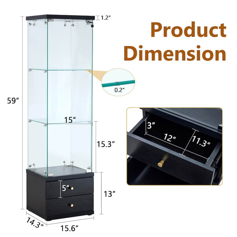 Non-Lit Glass Display Cabinet with Lockable Door and Soft-Close Drawers, 3 Adjustable Shelves, Tempered Glass Showcase