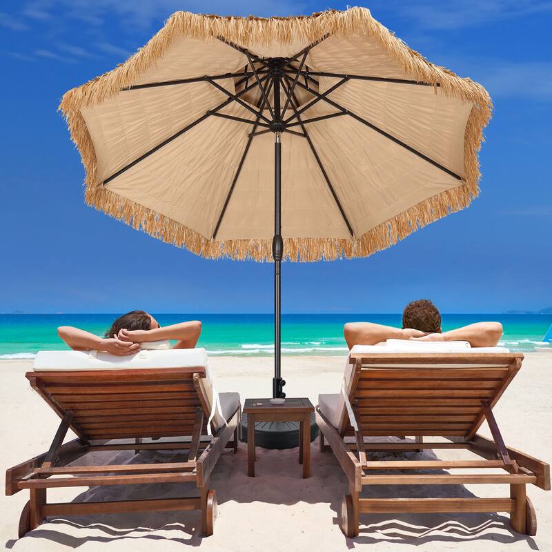 Autlaycil 9ft Hula Thatched Tiki Outdoor Umbrella with Crank & Lights - NoLights