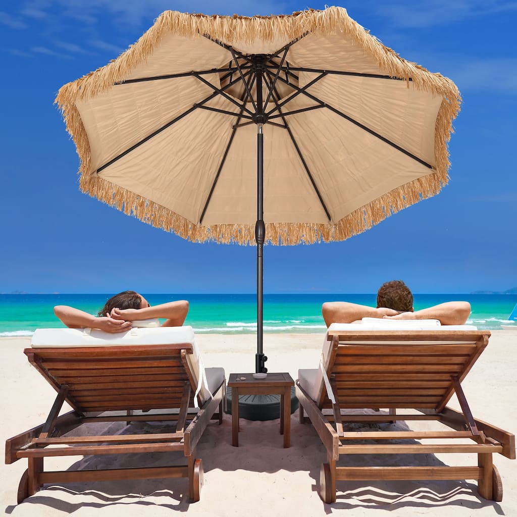 Autlaycil 9ft Hula Thatched Tiki Outdoor Umbrella with Crank & Lights