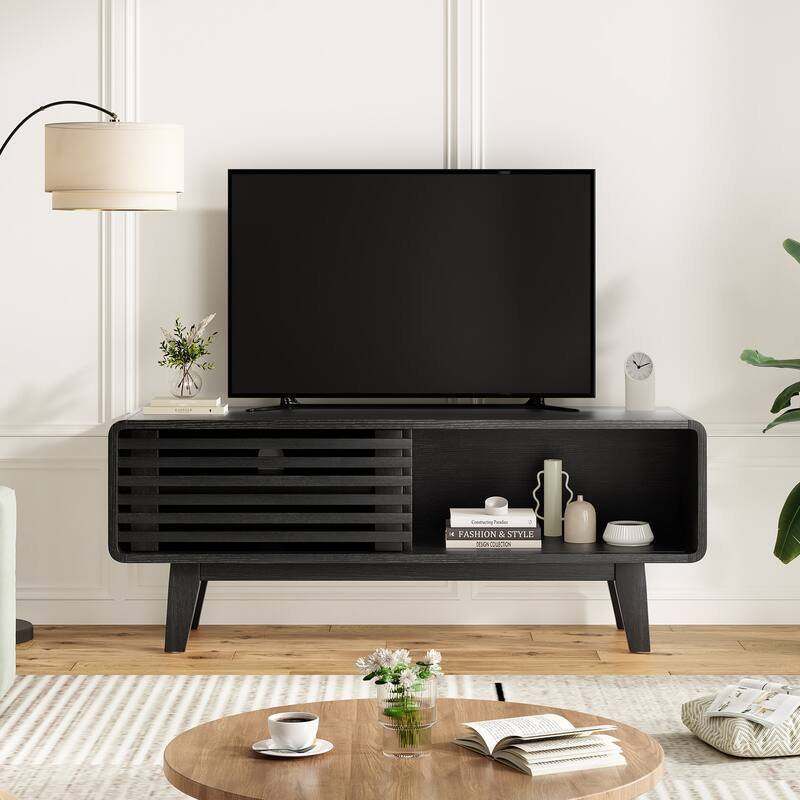 TV Stand for TV Up to 59 Inch, Entertainment Center with Storage Cabinet and Sliding Door, Mid-Modern Century Console Table