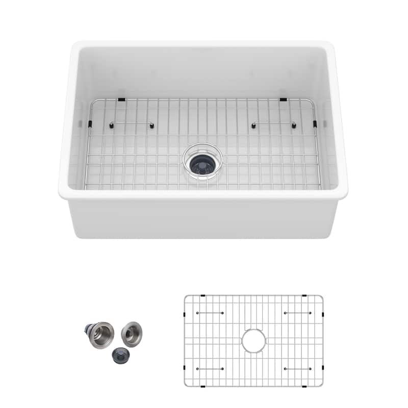 Undermount Single Bowl Fireclay Kitchen Sink - Dual Mount White Porcelain Fireclay Rectangular Deep Single Bowl Sink