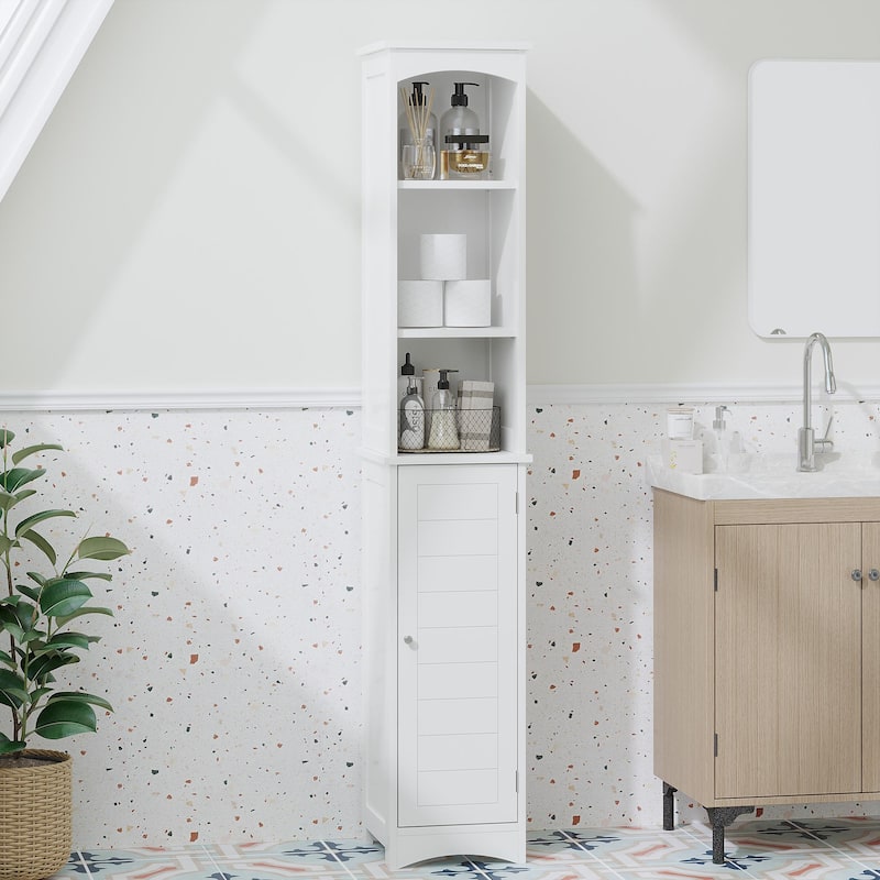 64.17"Tall Bathroom Storage Cabinet with Adjustable Shelves,Slim 1 Doors Freestanding Cabinet with Anti-Tip, Open compartments