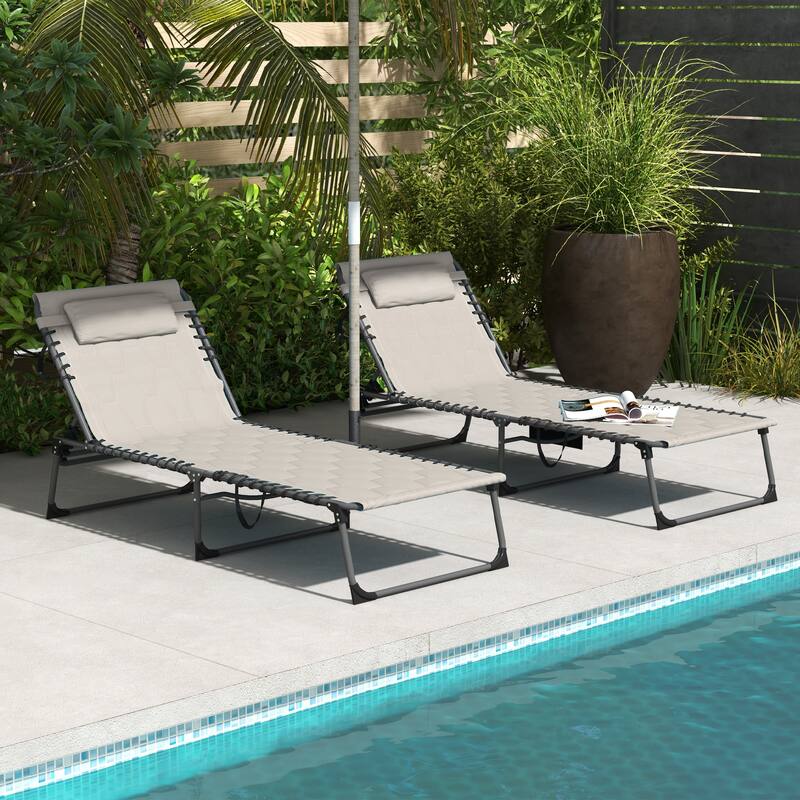Folding Tanning Chair Set of 2, Outdoor Recliner Lounge Chairs with Pillow, Storage Pocket & Adjustable Backrest