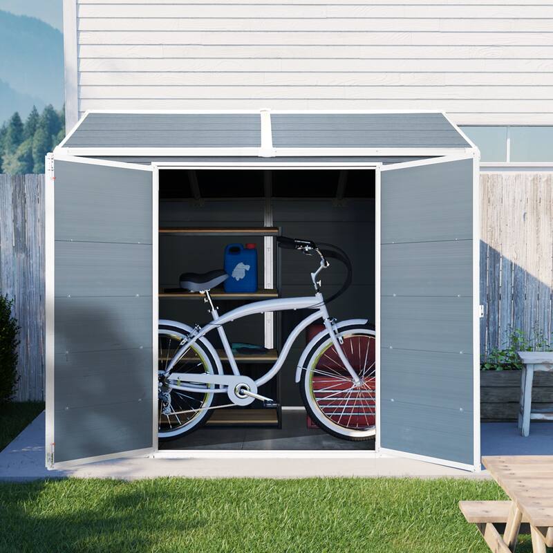 Resin Outdoor Storage Shed UV-Proof Garden Tool Shed with Sloping Roof & Lockable Double Doors, Built-in Floor - Grey