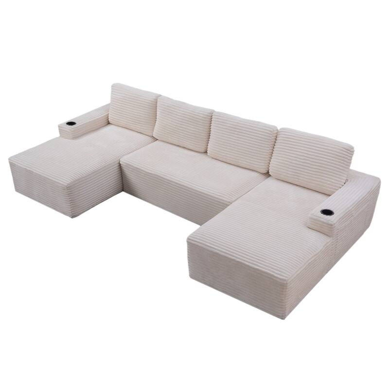 133.4" U-Shaped Corduroy Sectional Sofa with Cup Holders, No Assembly Required