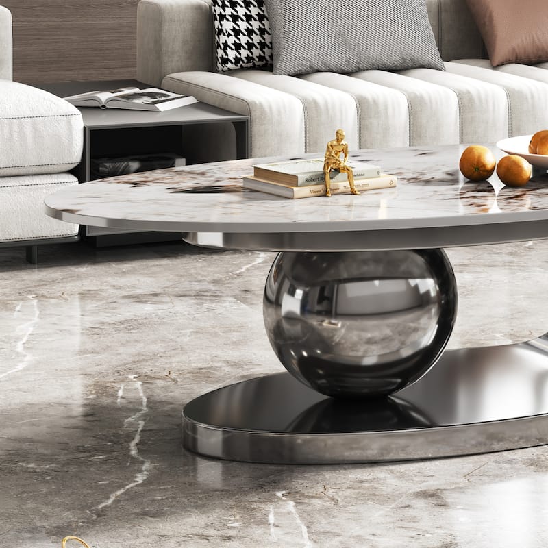 Modern Center Table Oval Faux Marble Top Coffee Table with Stainless Steel Base and Unique Central Ball Support for Living Room