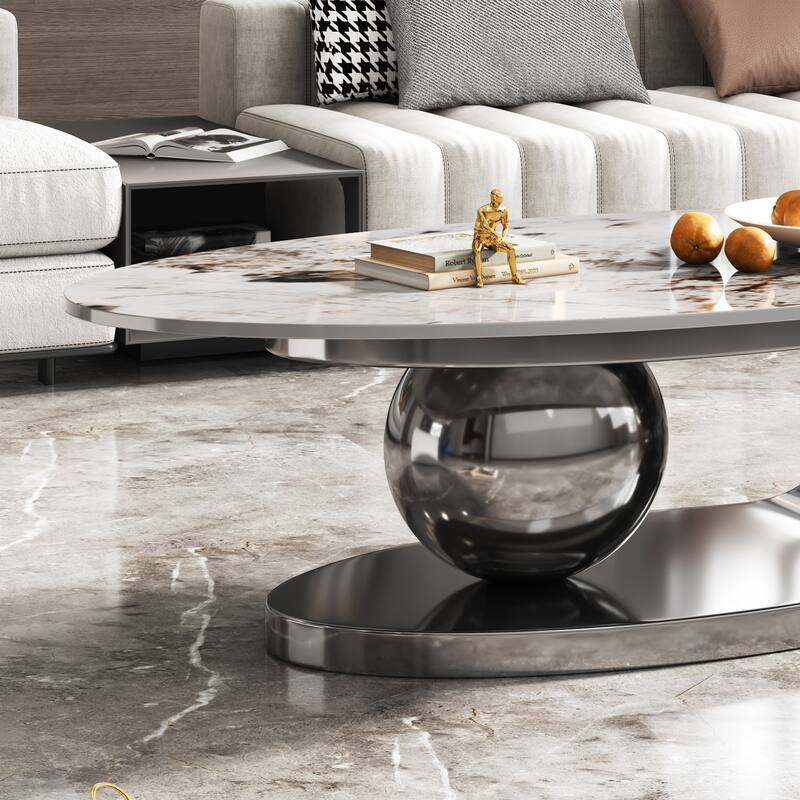 Modern Oval Coffee Table End Table with Sintered Stone Top, Accent Table with Veining and Central Ball Support