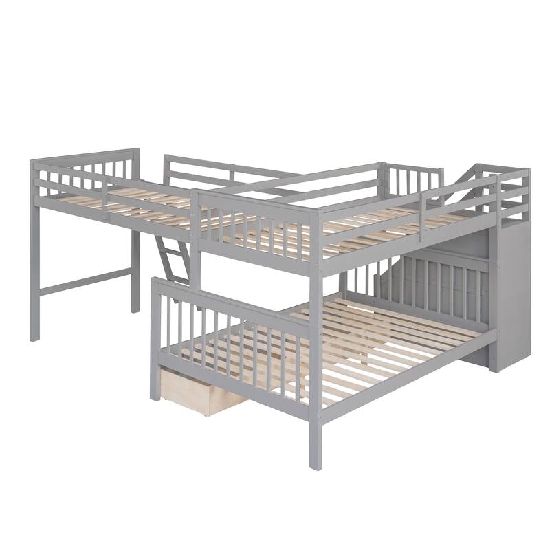 Twin over Full LShaped Bunk Bed With 3 Drawers, Ladder and Stairs with