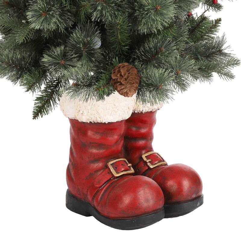 Glitzhome 4.5ft LED Lighted Christmas Tree with Santa Boots Base, Berry Bow Wreath, Garland Set for Front Door Entryway