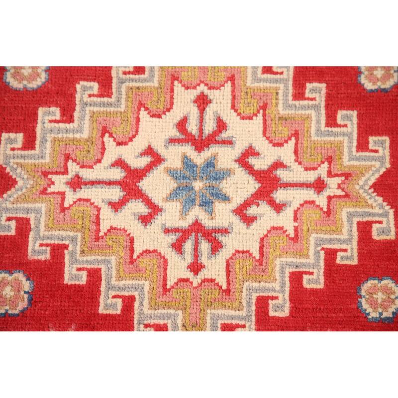 Geometric Red Kazak Oriental Accent Rug Handmade Wool Carpet - 2'9"x 4'2"