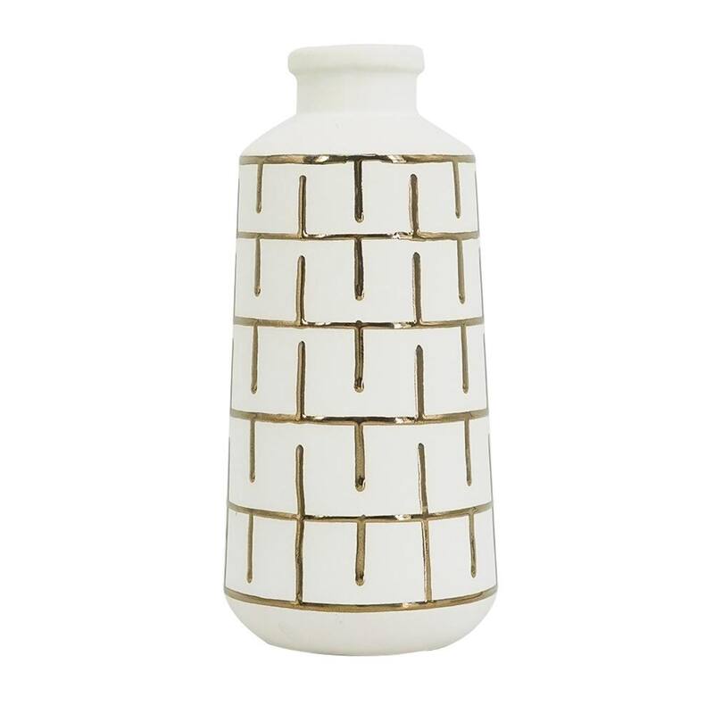 12" Ivory And Gold Geometric Cylindrical Ceramic Table Vase - 5.50