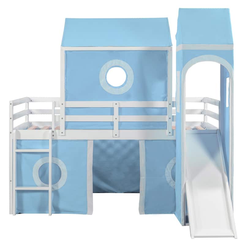 Full/Twin Size Loft Bed with Slide, Pink Tent, Tower, Playhouse Design - Sturdy Solid Wood Construction, Storage Space