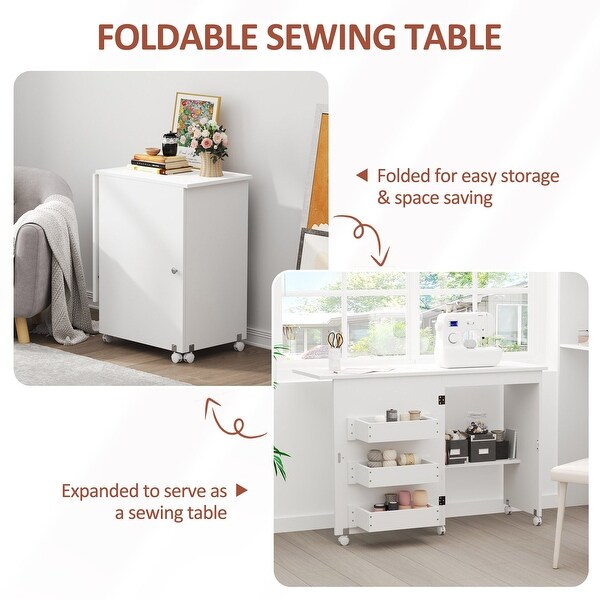 Folding Sewing Craft Table Rolling Sewing Cabinet with 3 Hidden