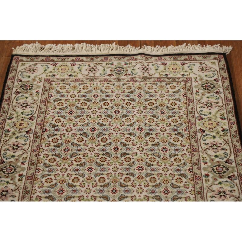 Hand Knotted Oriental Wool & Silk Carpet Traditional Floral Beige & Ivories Tabriz Runner Rug - 20' 4'' X 2' 7''