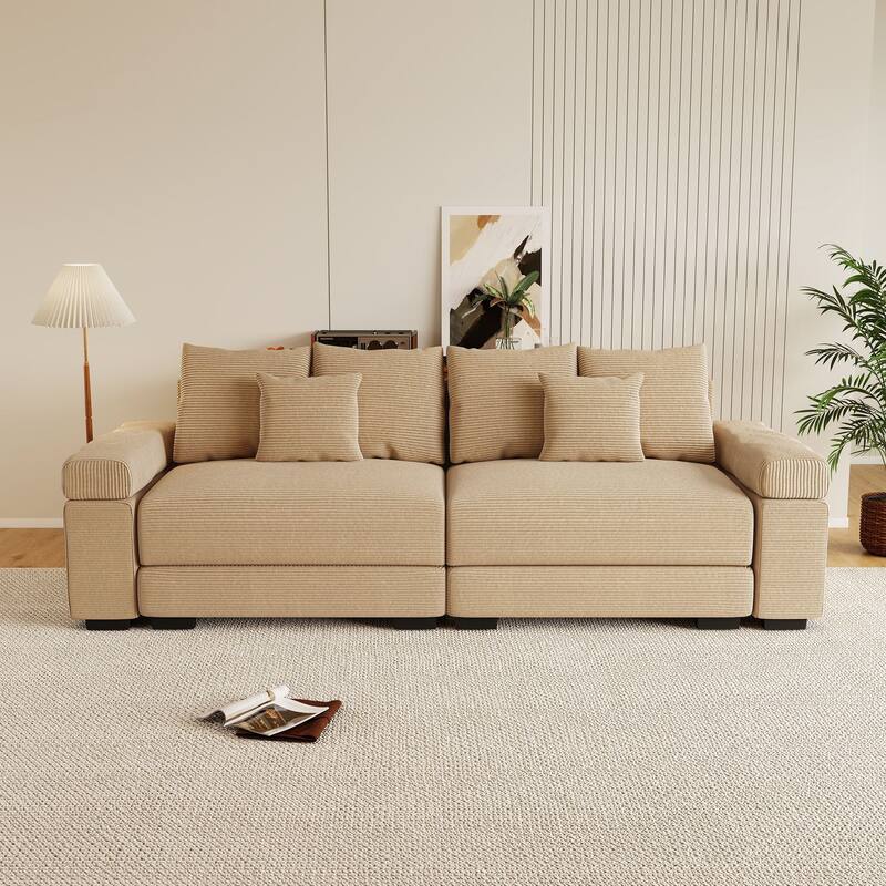 Rossetta Modern 92" Oversized Deep Seating Design Corduroy Fabric Extra-Wide Armrests Modular Sectional Couch, with Pillows - Camel