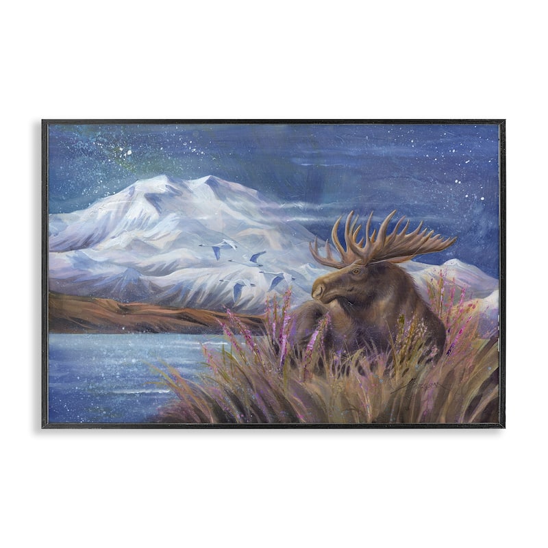Stupell Moose & Snowy White Mountain Framed Giclee Art Design By Jody Bergsma - 24 x 16 - Black