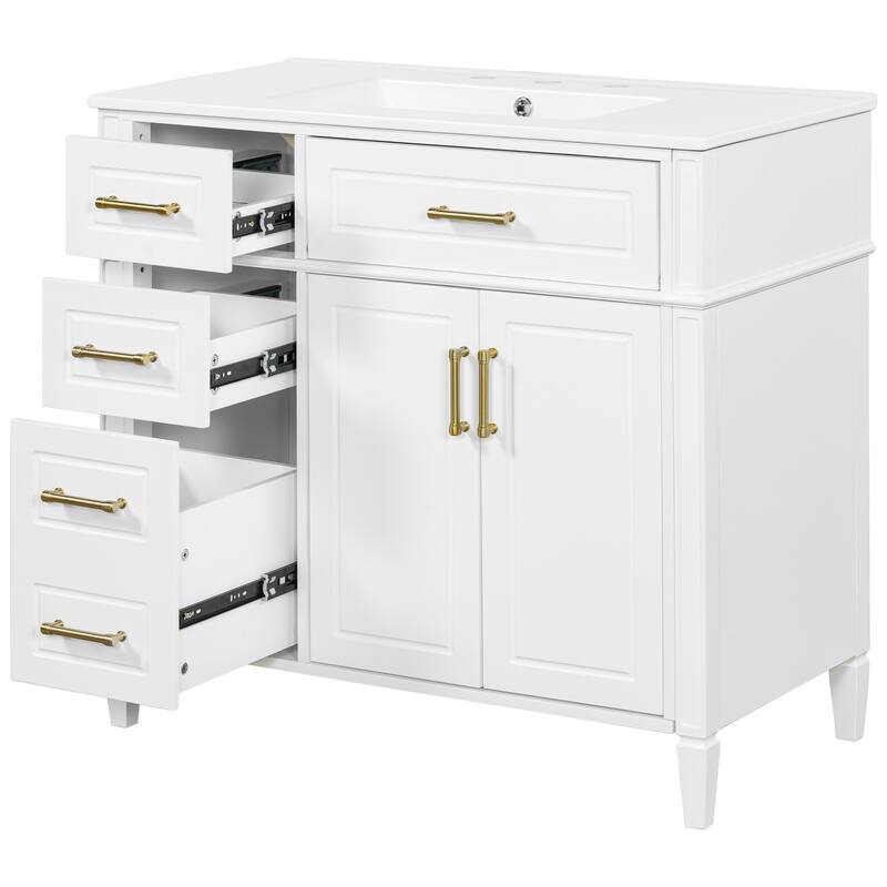 36 Inch Single Sink Bathroom Vanity Cabinet with 4 Drawers, Vanity Base & Ceramic Basin Set