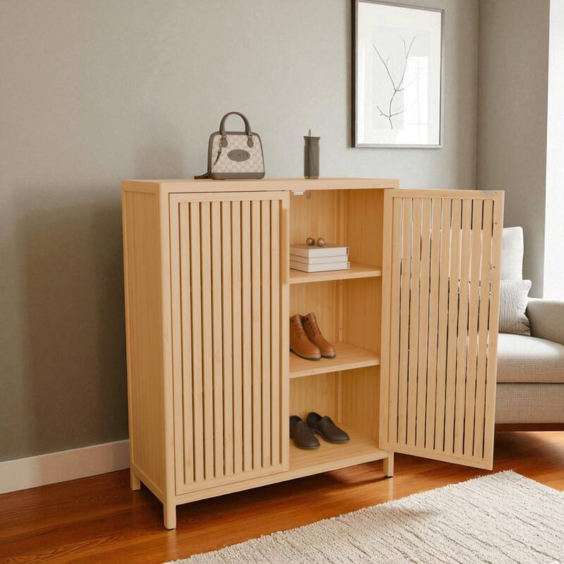 42" Bamboo Storage Cabinet, Multi-Scene Shoe or Bathroom Cabinet with 2 Open Shelves & Door, Slim Corner Organizer