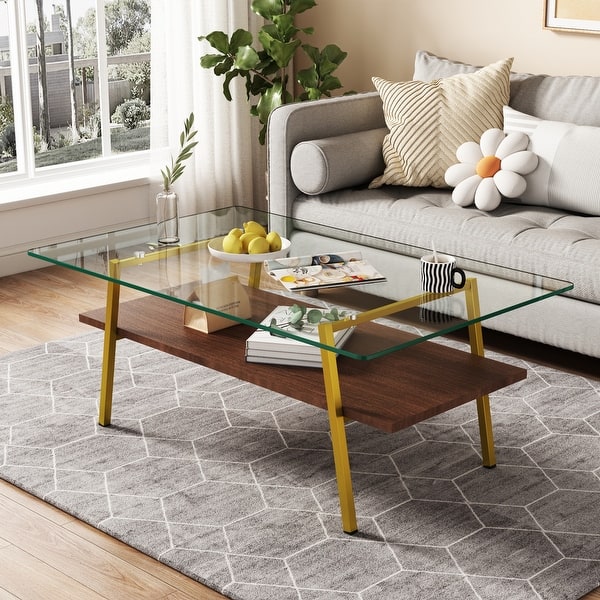 Hombay Modern Tempered Glass Coffee Table – 2-Tier Clear Rectangle With Metal Legs, 39x23x18 Inch