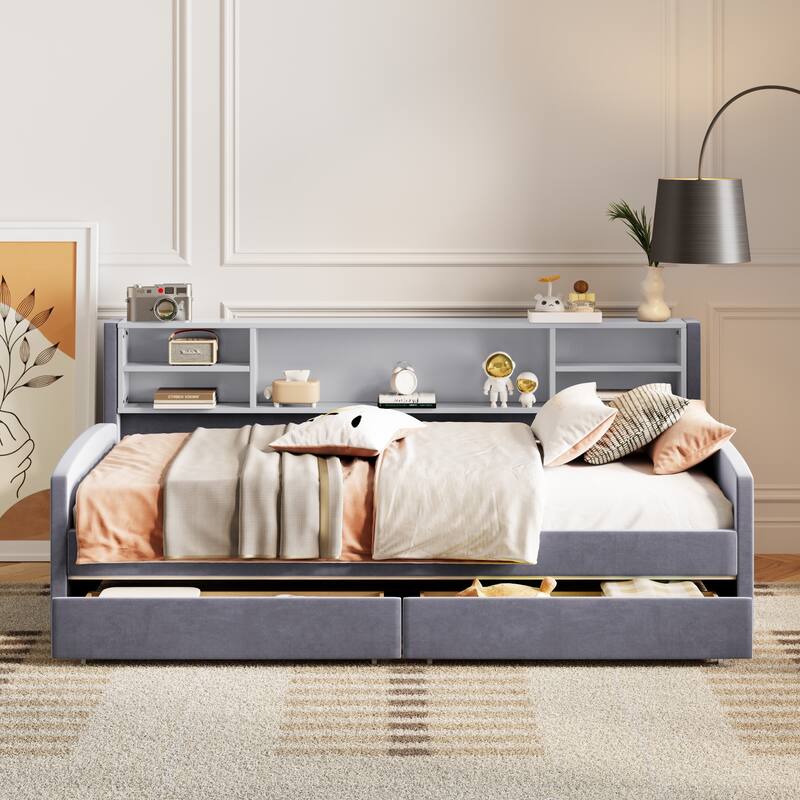Twin Velvet Upholstered Bed Frame with Storage Drawers and Built-In Shelf, Platform Design with Plush Headboard