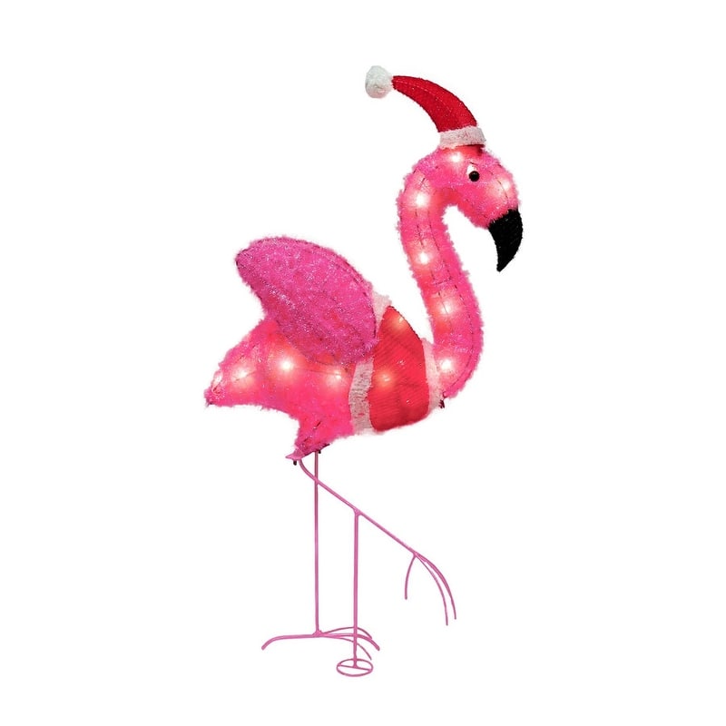 3FT Tall Multicolored Tinsel Flamingo with Christmas Hat Warm White LED Lights, Indoor Outdoor Christmas Decoration - Red